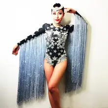 Блестящий горный хрусталь для женщин печати с длинной бахромой сексуальный комбинезон для ночного клуба день рождения выступления танцевальный сценический костюм боди DJ
