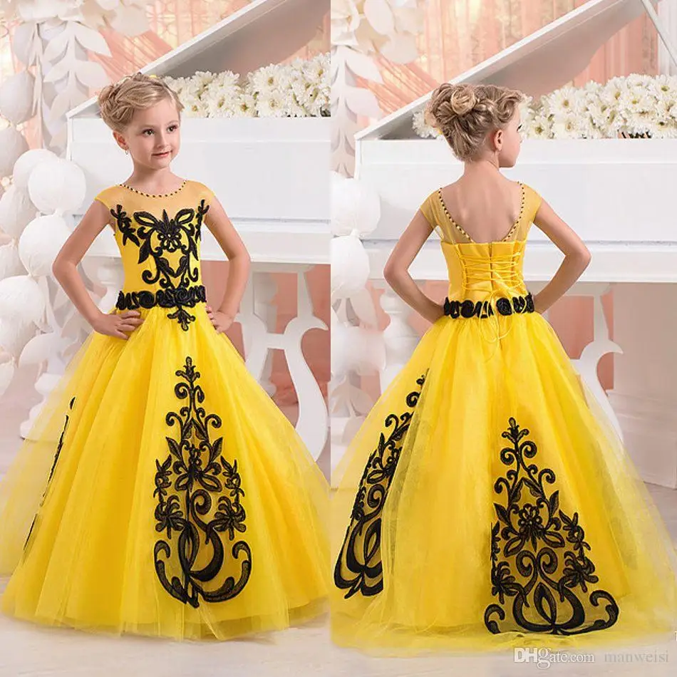 Cheap Yellow Vintage Flower Girl's Dresses Long Black Lace Little Girls