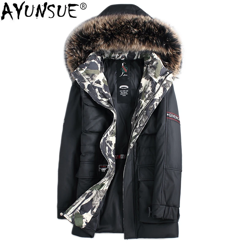 

AYUNSUE Genuine Cow Leather Jacket Winter Down Jacket Racoon Fur Collar Long Coat Men Cowhide Leather Jacket ML-GF18122 KJ1185