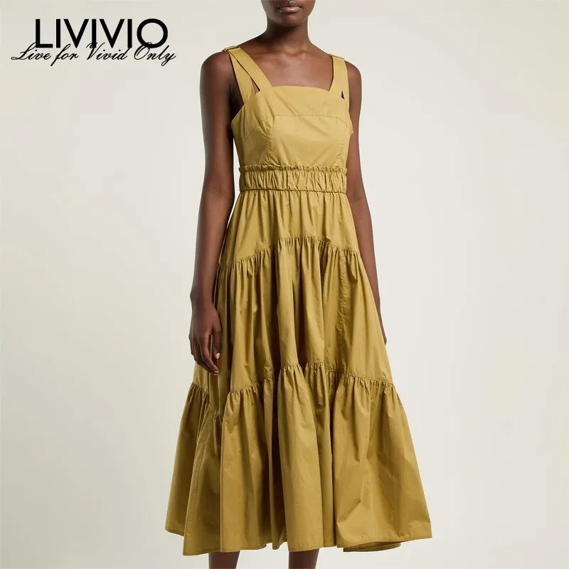 

[LIVIVIO] Summer Solid Sleeveless Women Dress High Waist Ruched Slim Midi Dresses Female Fashion Clothes 2019 Casual New