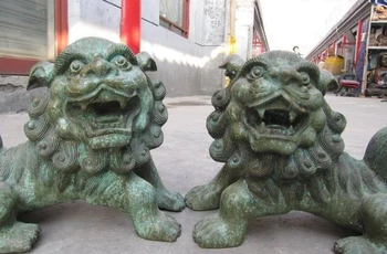 

Chinese Old Bronze Copper Evil spirits Beast Kylin Kirin Door Foo Dog Lion Pair
