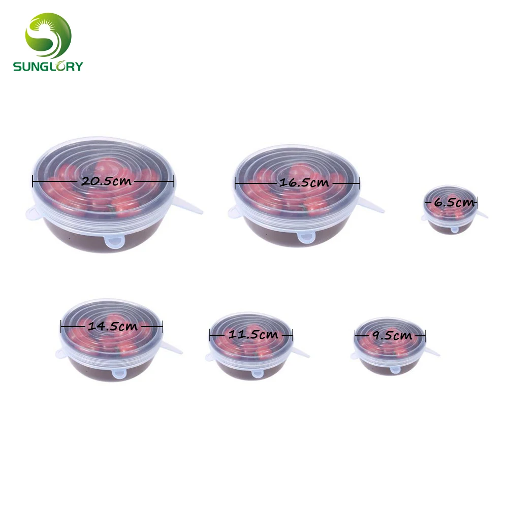 Sunglory 6PCS Reusable Silicone Stretch Air-tight Vacuum Lid Keep Fresh Leakproof Food Bowl Cover Lid Kitchen Silicone Food Wrap