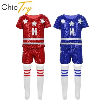 

ChicTry Kids Teens Star Sequins Hip-hop Jazz Stage Dance Cheerleader Costume Children Girls Street Dancing Tops Shorts Socks Set