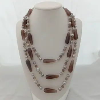 

18'' 3 Rows Grey Pearl Grey Stone Necklace