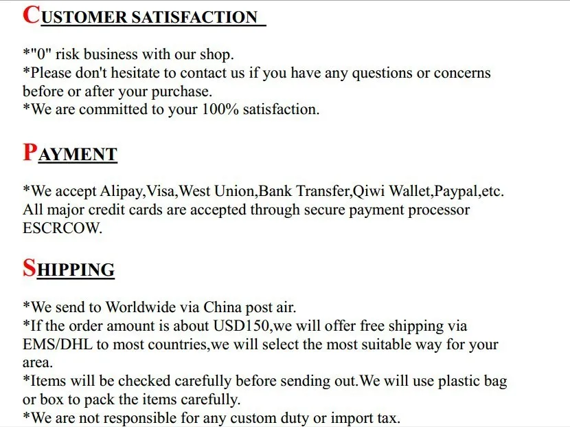 payment and shipping