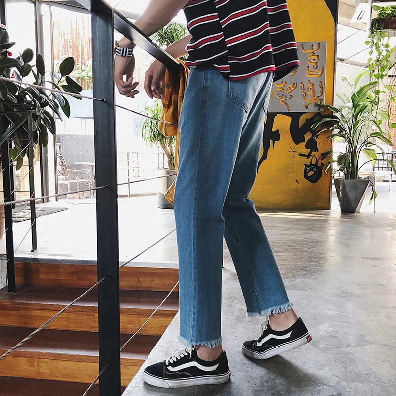 Fashion Casual Men's Jeans Summer And Autumn New S-2XL Nine Pants Versatile Loose Straight Pants Blue Personality Youth Popular