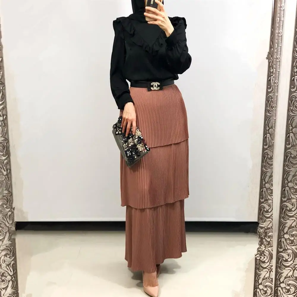 

Fashion Women's Pleated Tulle Skirt High Waist Bodycon Long Women's Modest Muslim Bottoms Long Midi Skirts Party Ramadan Islamic