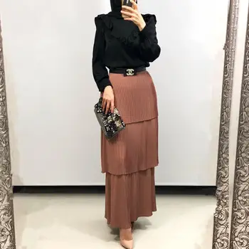 

Fashion Women's Pleated Tulle Skirt High Waist Bodycon Long Women's Modest Muslim Bottoms Long Midi Skirts Party Ramadan Islamic