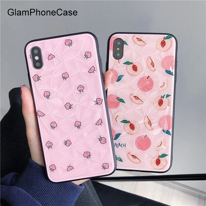 

GlamPhoneCase Diamond Pattern Fruit Peach Phone Case for iPhone X XR XS Max 8/7/6/6s Plus 7plus 8plus Hard Back Cover