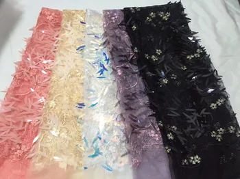 

3d Sequin Lace Fabric 4.5 Meters 2019 African Lace Fabric With Sequins High Quality Sequin Fabric For Dress White Blue Purple