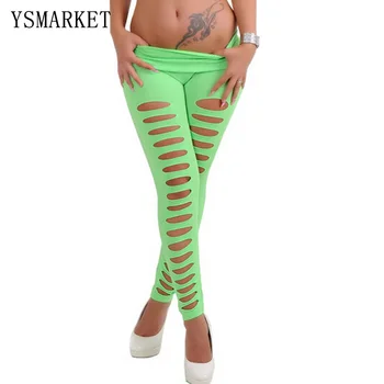 

Fluorescent candy colored before bottoming holes evenly broken sexy Front Big Getting Ripped women Leggings C918