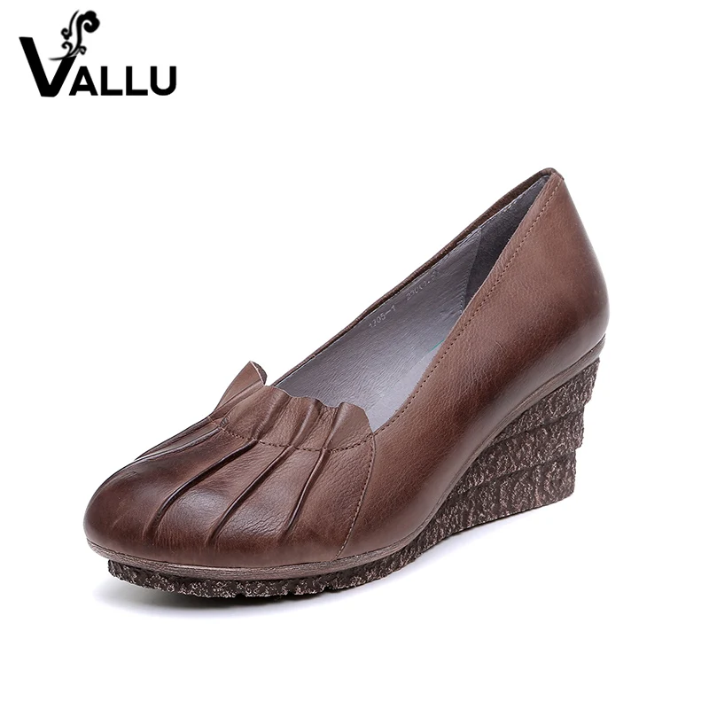 

High Heels Platform Shoes Woman 2018 Women Pumps Genuine Leather Round Toes Vintage Handmade Women Wedge Shoes