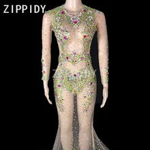 Красочные Сияющие кристаллы красивое платье большой хвост камень одежда женский день рождения, празднование певицы сексуальные модные длинные платья