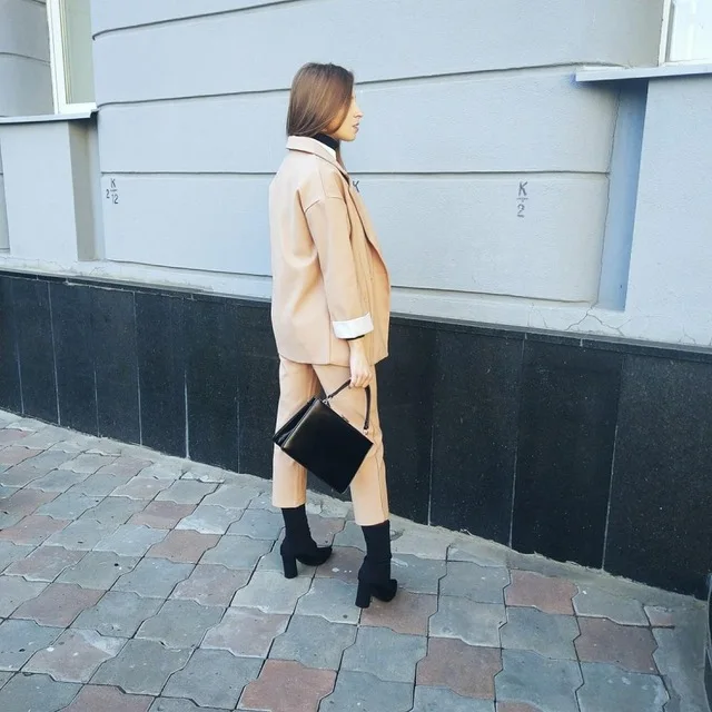 Women Fashion Two Piece Autumn New Style Simple Coat Female Camel Color Pure Two Pcs Set Loose Stylish Suit Femme