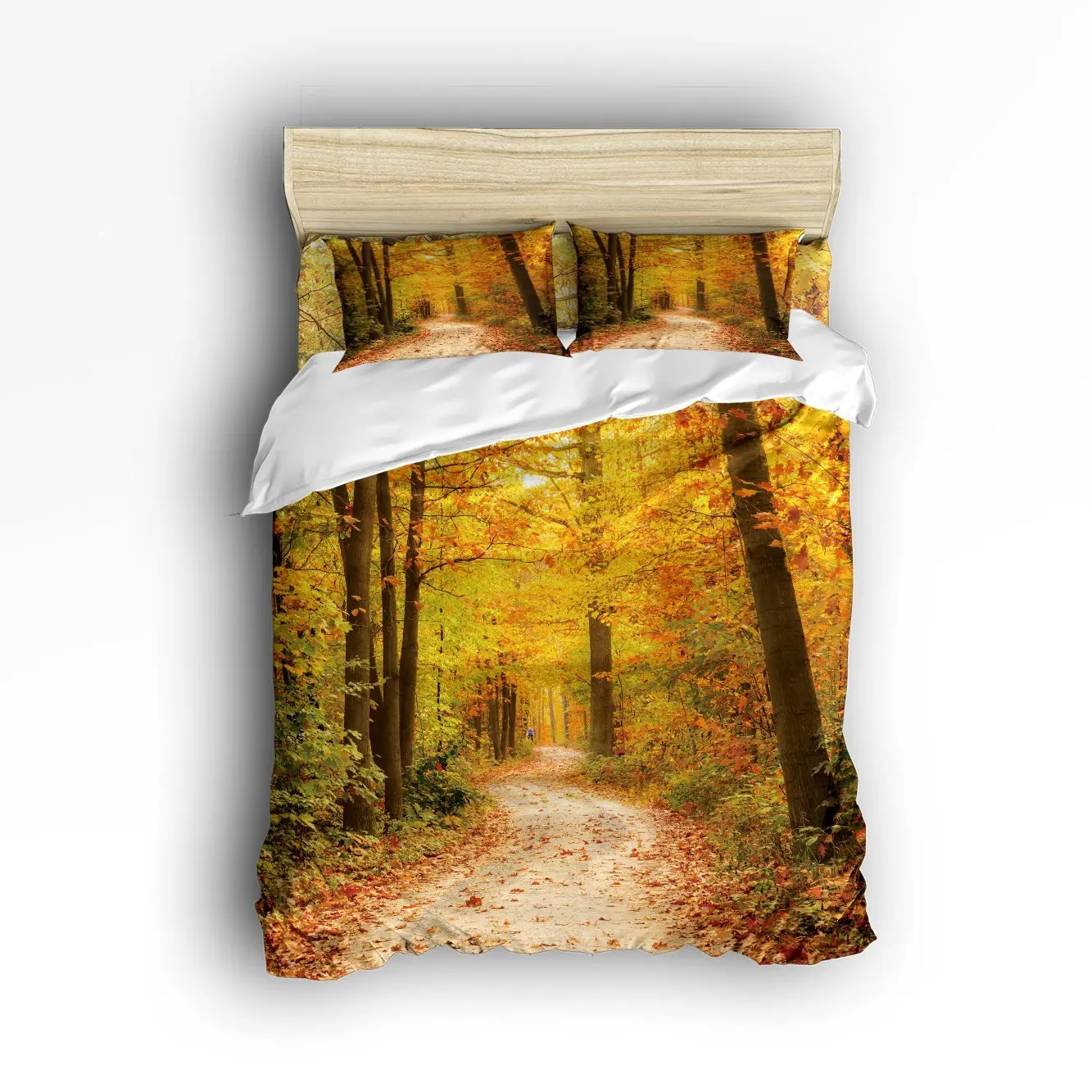 4 Piece Bed Sheets Set, Autumn Road Fall Forest Scene with Vibrant