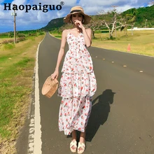 2019 Summer Cupcake Style Long Dress Women Backless Print Floral Beach Dress Women Sleeveless Flower Women Boho Dress Plus Size fairy style sleeveless tiny flower pattern dress for women