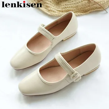 

Lenkisen genuine leather buckle strap classic square toe low heels streetwear solid concise ballet handmade vocation flats L70