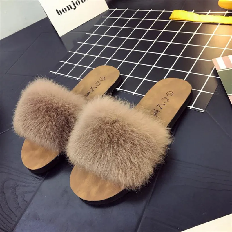 Summer Slippers Womens Ladies Slip On Sliders Fluffy Faux Fur Flat Slipper Sandal New Casual Shoes Woman zapatos mujer