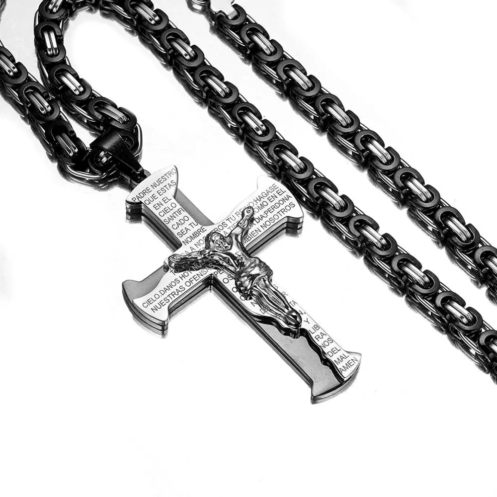 Elegant Jesus Crucifixion Cross Pendant Necklace - Gold, Silver, Black Stainless Steel Byzantine Chain