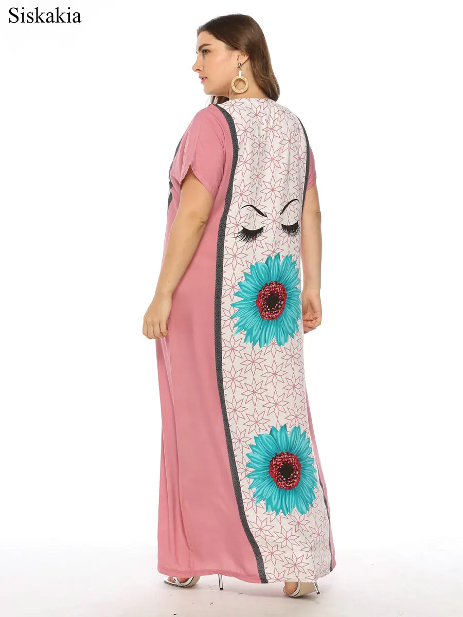 Siskakia Flower Print Plus Size Women Maxi Long Dress Vintage Loose V Neck Short Sleeve Female Dresses Blue Pink Summer 2019 New (13)