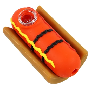 

Silicone Smoking Pipe with Glass Bowl Hot Dog shape Tobacco Hand pipe Food Grade Silicone Unbreakable