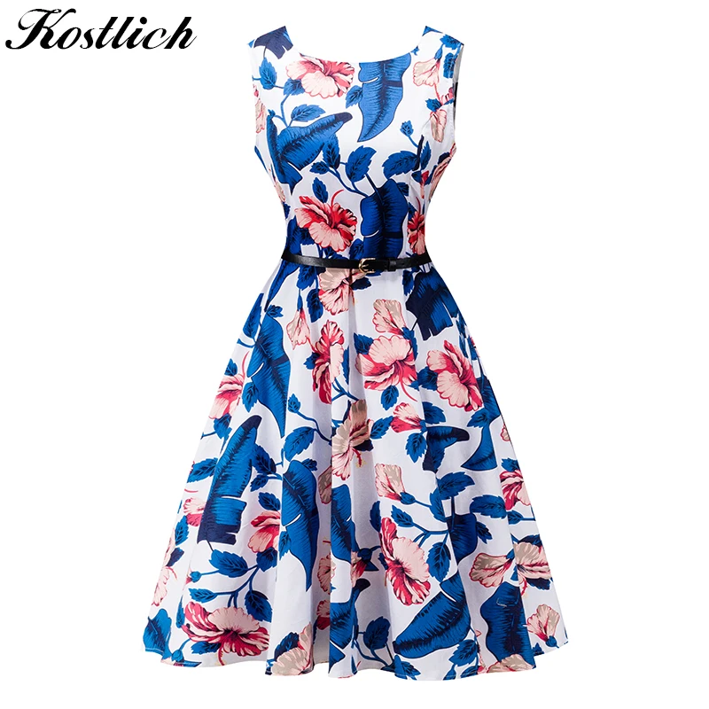 

discounte Summer Dress Women Retro Cotton Floral Print 50s 60s Vintage Dress With Belt Sleeveless Elegant Party Dresses Sundress