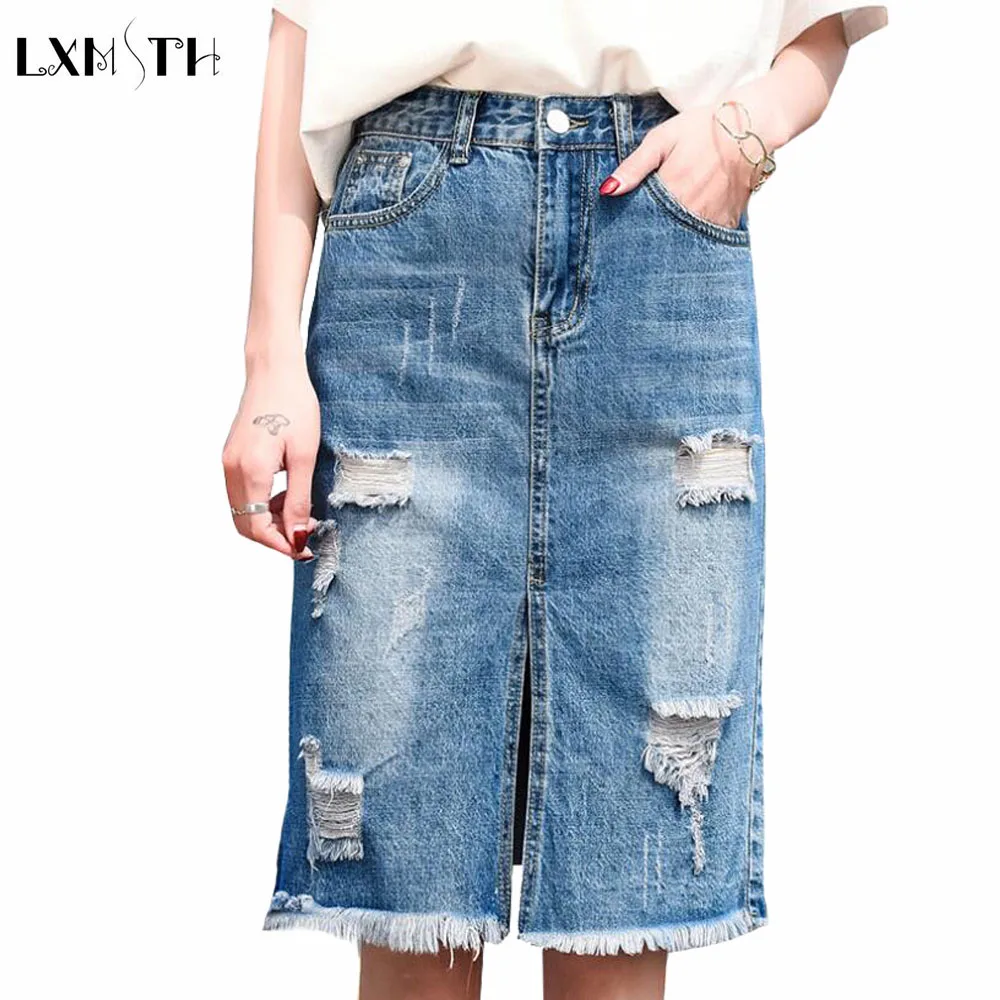 LXMSTH Hole Denim Skirts Women Summer Skirt Fashionable Sexy Front