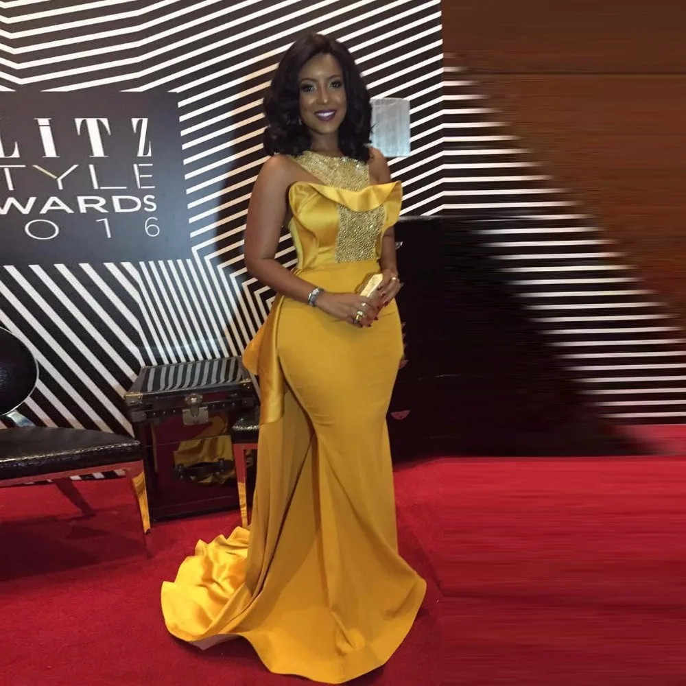 

vestido de festa Mermaid Evening Gowns Beaded Gold Robe De Soiree longue Floor Length Evneing Gown Long abiye Formal Dresses