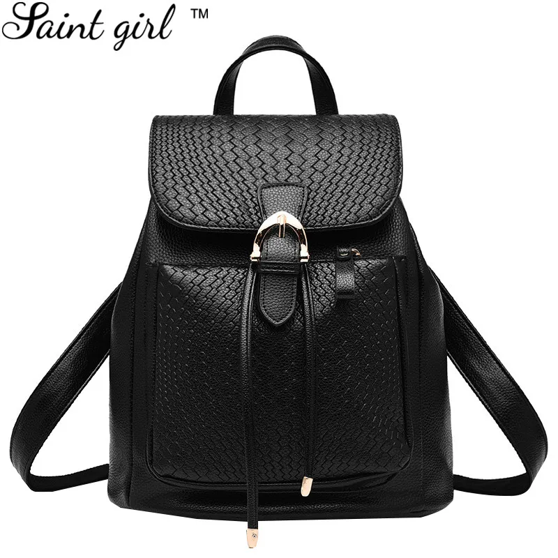 ФОТО Saint Girl Brand Preppy Style School Backpack PU Leather Fashion Women Back Bag Solid Drawstring Backpacks For Girls SNS244