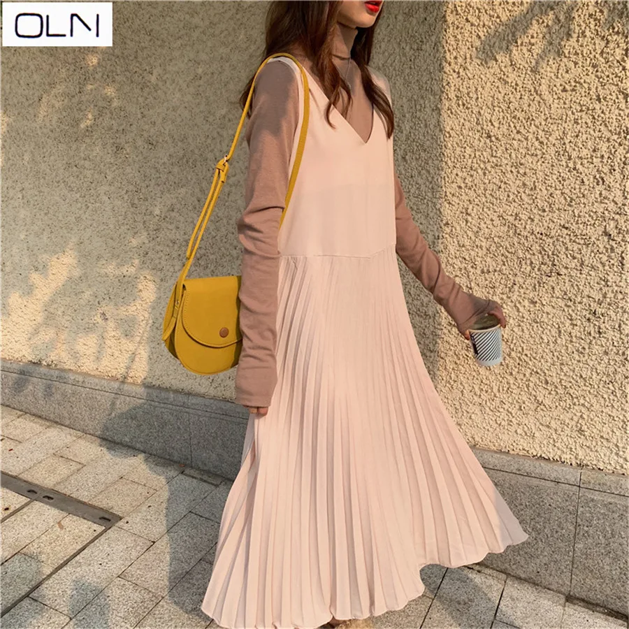 

Hong Kong style spring and summer new chiffon stitching dress V-neck waist slim front fork long DRESS