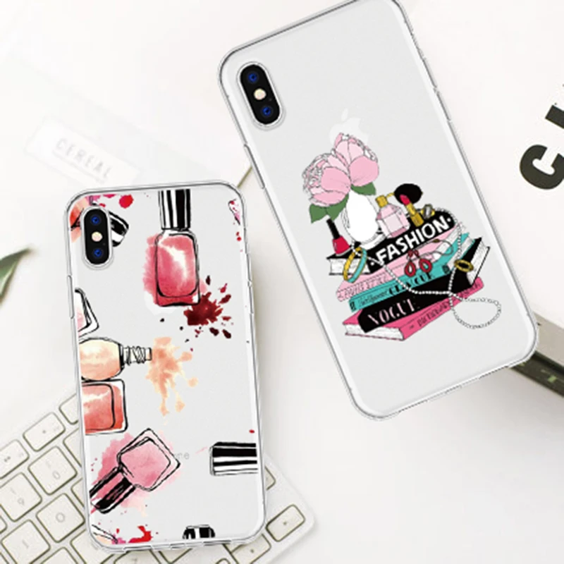 

Luxury Contrast Lipstick Nail Polish Phone Case For 6 6s 7 8plus High Quality Cosmetic Pattern Back Cover For iPhone X XS MAX XR