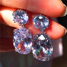 Роскошные женские Кристальные циркониевые серьги-гвоздики, винтажные 925 пробы серебряные свадебные ювелирные изделия, большие белые синие овальные серьги для женщин