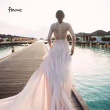 Finove романтический розовый платье для выпускного вечера Сексуальная Иллюзия кристаллы вышитые бисером Длинные рукава шифоновое платье трапециевидной формы платье подружки невесты Robe de Soiree