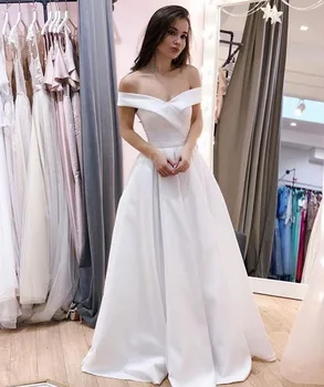

White A Line Wedding Dress Off the Shoulder Satin Floor Length Simple Lace-up Back Plus Size Cheap High Quality Bridal Gowns
