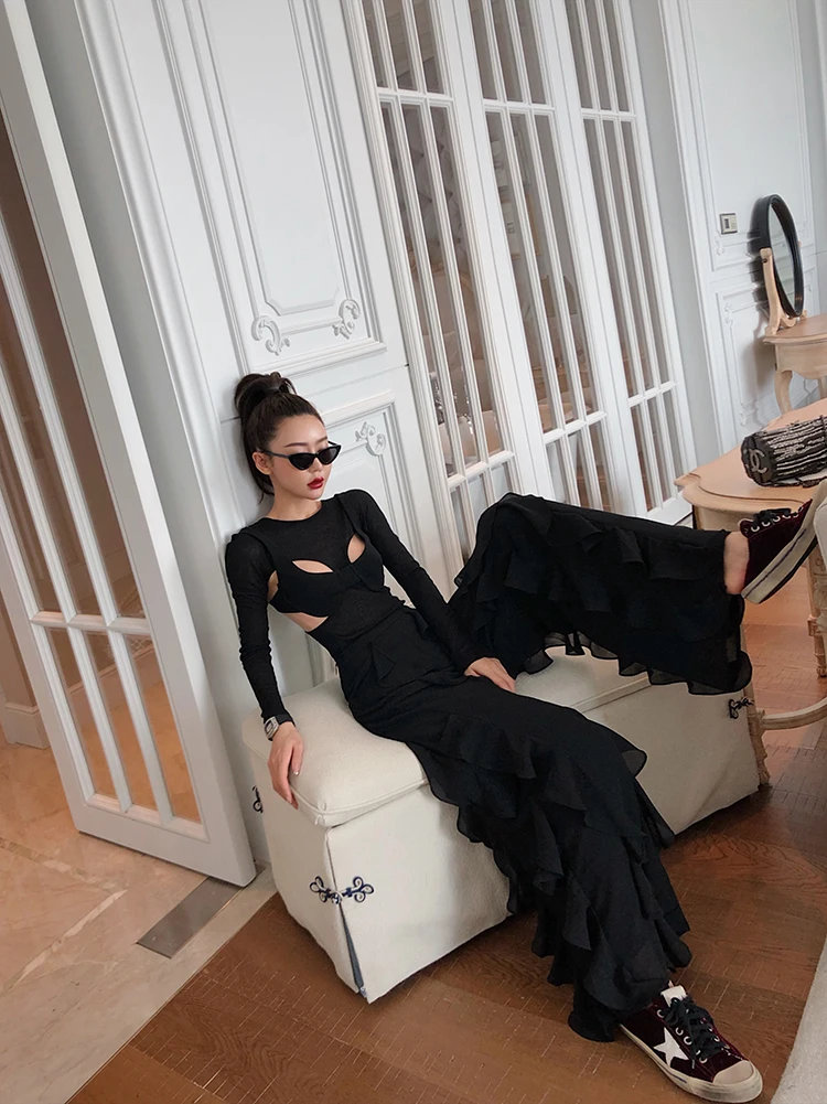 Moda Costura Salvaje Alta Las Chiffon Negro Cintura Black Nueva Pantalones Vintage Casual Ancha Pierna Getsring Mujeres Gasa 2019 De Pantalón Tqn1wvSp