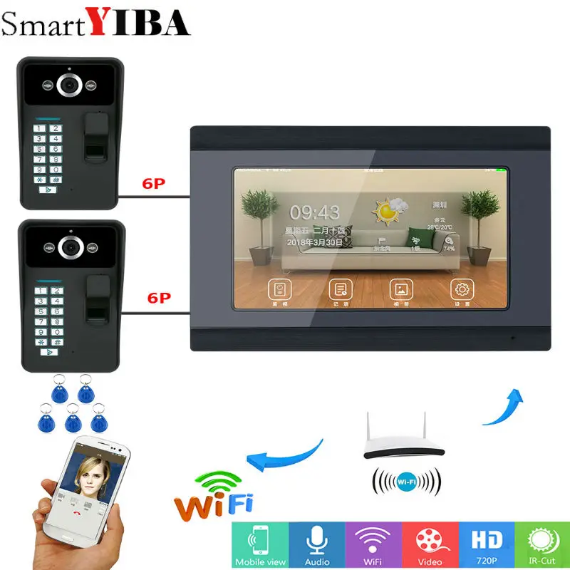 7inch Wired/Wifi Fingerprint RFID Password Video Door Phone Doorbell Intercom Entry System Support Remote APP 2HD Camera