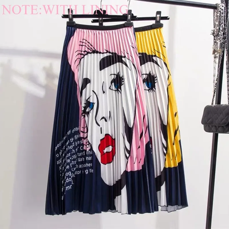 

Women's Print Pleated Long Skirt High Waist A-Line Elastic Loose Maxi Skirts For Ladies 2019 Summer Fashion Female Bottoms