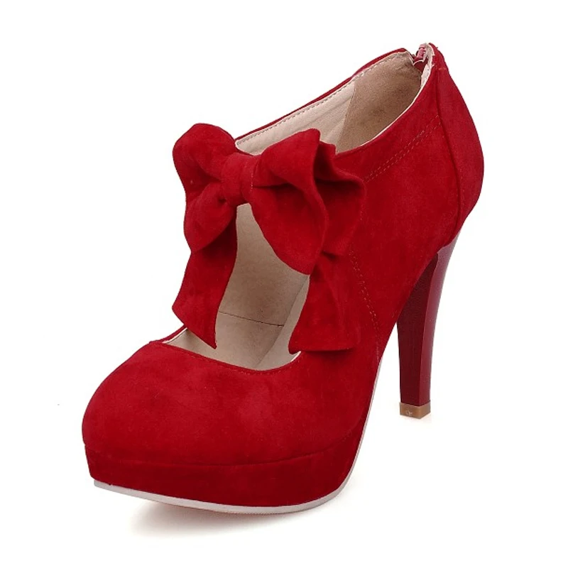 TAOFFEN/Прямая поставка; плюшевые женские туфли-лодочки на высоком каблуке; обувь на платформе с бантом; женская пикантная обувь на тонком каблуке; женская обувь; Размеры 30-47 - Цвет: Красный