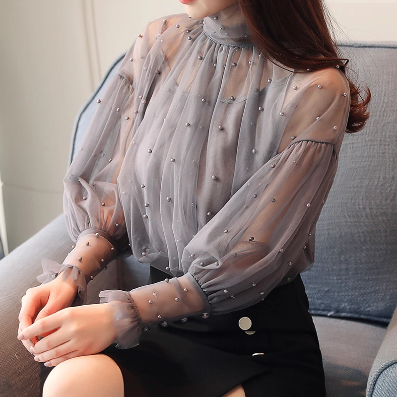 En Ligne 2 pcs Femme en mousseline de soie perles blouses chemise fée manches longues perlée transparente lanterne manches dentelle perles Gaze Dessus 2018