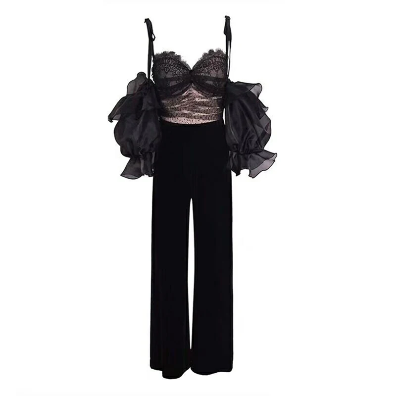 Terciopelo Correa Moda Calle Nueva Pista Encaje Diseñador Espagueti Camis Top Mujeres Las La Traje 2019 De Pantalones vwHqa