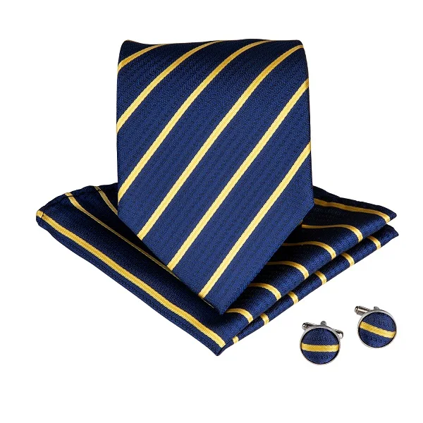 DiBanGu синий желтый полосатый мужской большой размер галстуки с носовой платок запонки 160 см шелковые галстуки Набор для мужчин свадебные MJ-7529 - Цвет: MJ-7529