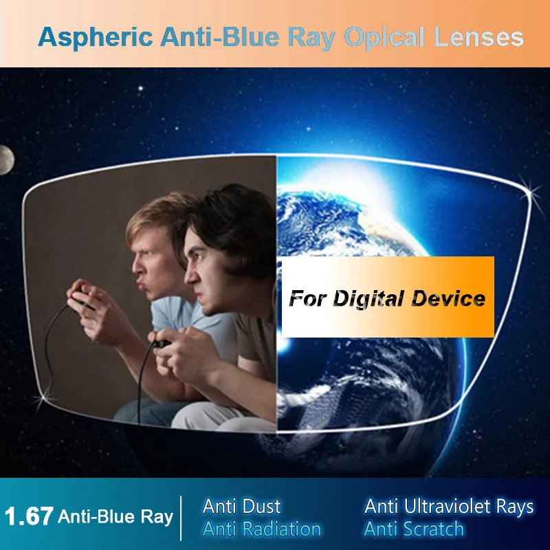 1,67 анти-синий Ray Single видения Для мужчин и Для женщин оптические линзы рецепт коррекции зрения Объективы для цифровых устройств