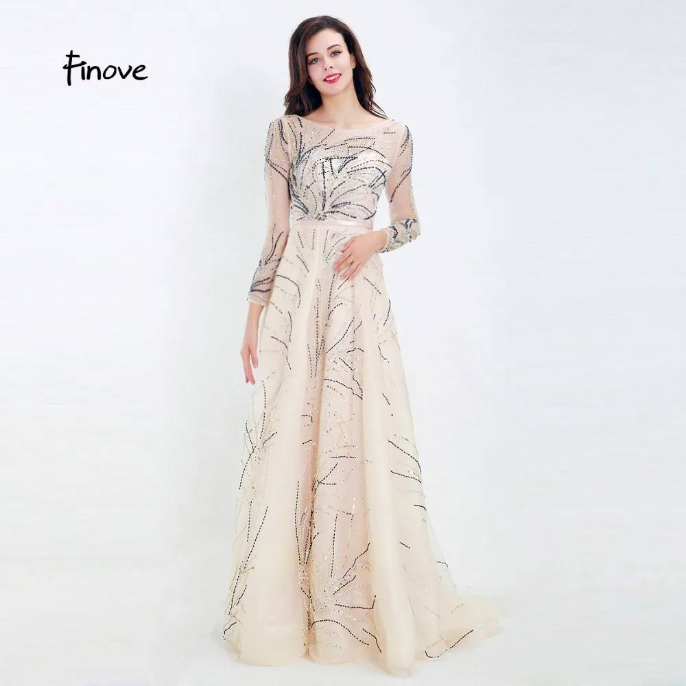 

Finove New Arrivals Evening Dress Long Champagne A Line Illusion Crystals Full Sleeves Sexy V Back Woman Dress Plus Size