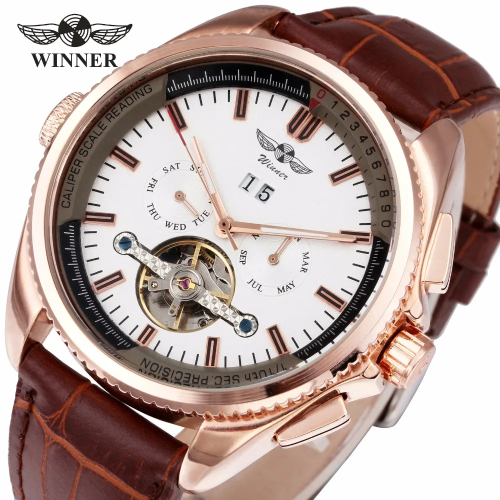 2017 WINNER Luxury Top Brand Men Mechanical Automatic Watch Tourbillon Design Calendar Date Luminous Hands Sub-dials winner men skeleton automatic mechanical watch leather strap sub dials supersize case date calendar box