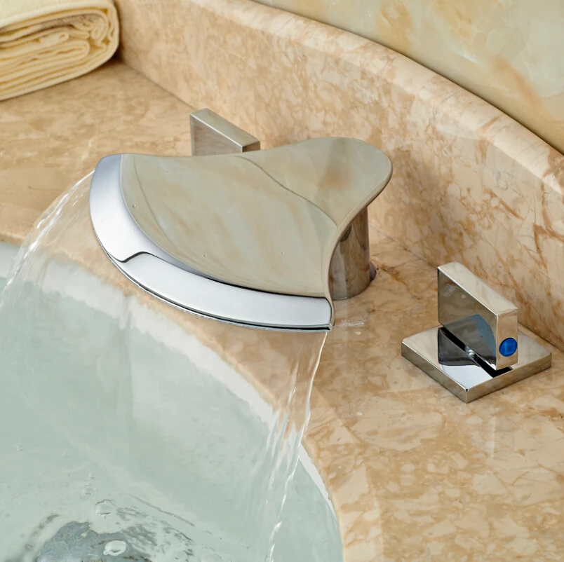 

Brand New Creative Waterfall Spout Basin Sink Faucet Chrome Finish Dual Handles Bathtub Mixer Taps 3 Holes