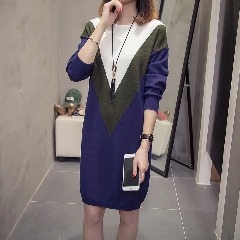 

2019 Autumn And Winternew loose long paragraph sweater Knitting Dress Female Long Sleeve splice Women Fashion Round neck dress