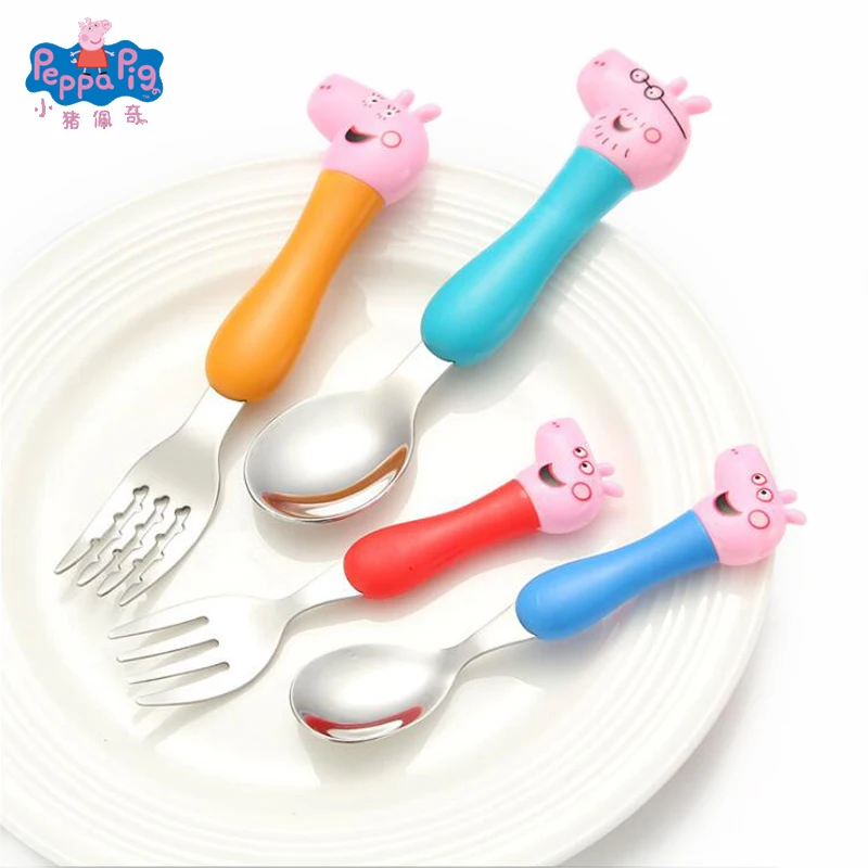 

2019 New 1-4 pcs Peppa Pig Tableware Spoon Cross Fork Soup Spoon Set Dining Lunch George Action Figures Anime Figures Toys
