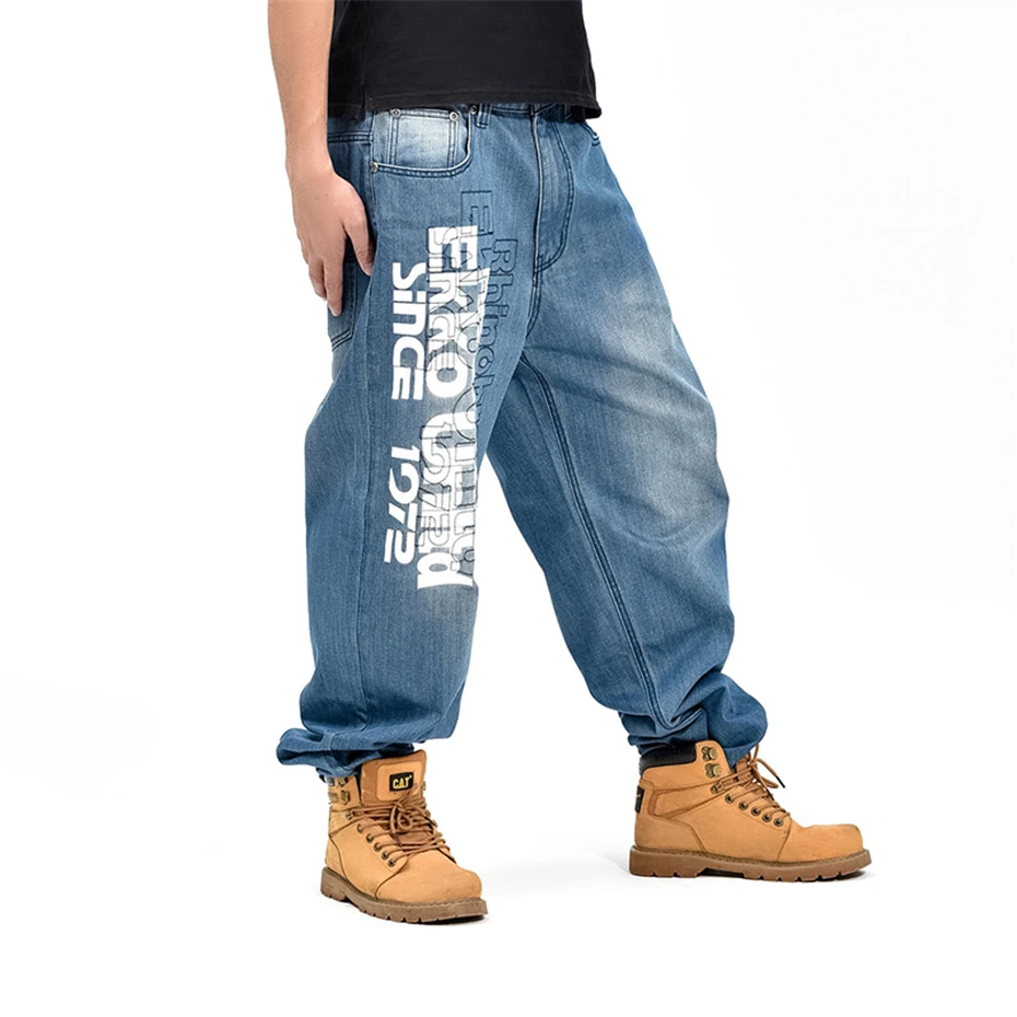 CHOLYL Baggy Jeans Men Denim Pants Loose Streetwear Jeans Hip Hop Casual Print Skateboard Pants for Men Plus Size Trousers Blue mens stretch jeans