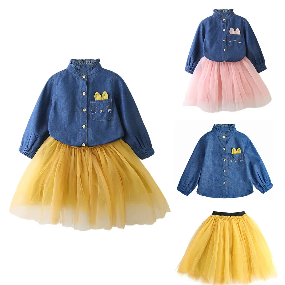 

Telotuny kids clothes Long Sleeve Lattice Skirt +Long Sleeve Denim T-Shirt Princess Outfits Pajamas clothes Set oct 16