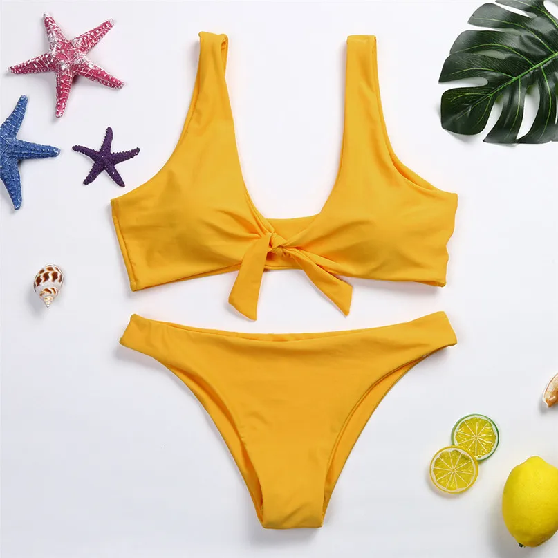 

Summer Bikini Set Solid Color Knotted Swimwear Women's Swimsuits with Low Waist Sexy bikinis Flower bathing suit 3J21